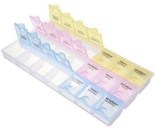 RABBONIX Cells with daily detail caps makes it easy to dispense tablets. You can see through colored cover for easy viewing. It helps to keep track of the medication you take at different times of the day. You can store 03 weeks/21 days of tablets in this box. You can see pill box pills pastel colored tablets easily at it. package includes: 1 x pill box colour: As shown in image. Pill Medicine Organizer Reminder Storage Box for 7 Days, 3 Layer Pillbox Pill Box