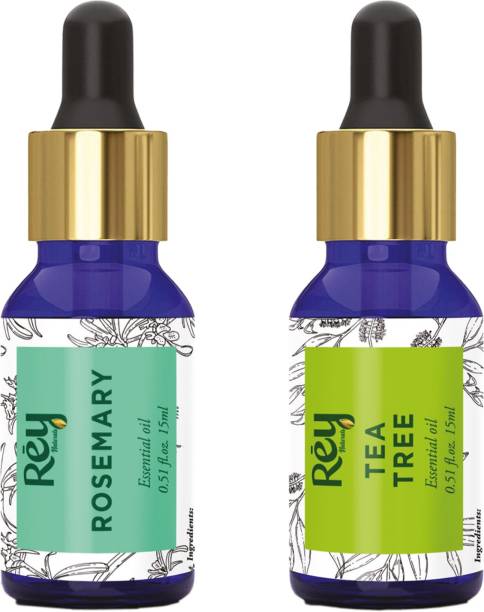 Rey Naturals Tea tree oil & Rosemary essential oils - Pure 100% Natural for Healthy Skin, Face, and Hair (15 ml + 15 ml)