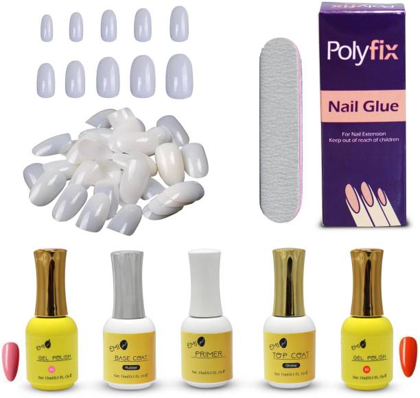 Gleevia EMI Gel Nail Extension Kit for Beginner and Professional Combo Pack Top Coat, Base Coat, Primer, Nail Glue, 500pc Oval Shape Artificial Nail and Gel Polish