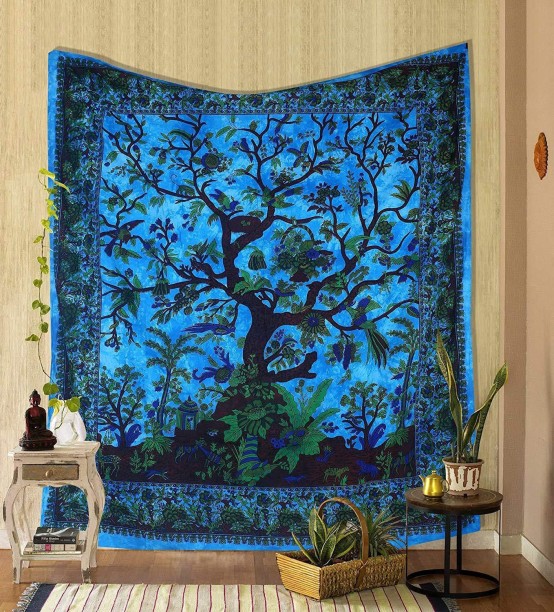 Indian Dry Tree Hanging Cotton Wall Tapestry Poster Blue Decor Throw 
