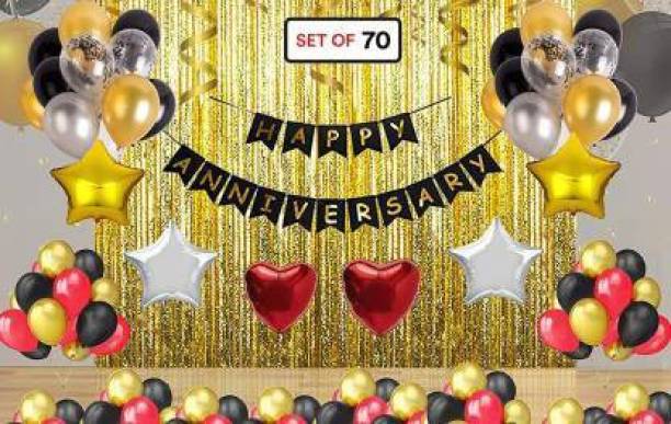 naveen candles Solid Happy Anniversary Decoration Banner/Gold Curtain/Multicolor Balloon/2 Star/Heart Balloon