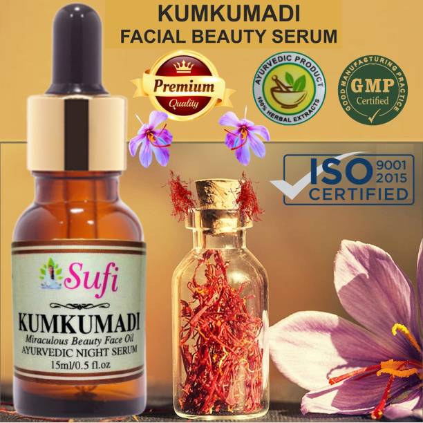 sufi Kumkumadi Tailam - Magical Beauty Ayurvedic Face Serum for Skin Care 15 ML {Natural Beauty with 100% Pure Kashmiri Saffron, Red Sandalwood, Indian Madder, Basil Leaf Oil (Tulsi), Muesli Extracts, Liquorice and Vetiver Oil Extracts and More} for Skin Treatment. Dark Spot Corrector Natural Facial Oil, Face Moisturizer Anti-Aging, Brightening Serum.