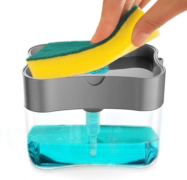 RAJIPO ENTERPRISE Store Plastic Liquid Soap Press-Type Pump Dispenser with Sponge Holder for Kitchen Sink Dishwasher 385 ml Liquid, Soap, Gel Dispenser Dishwash Bar