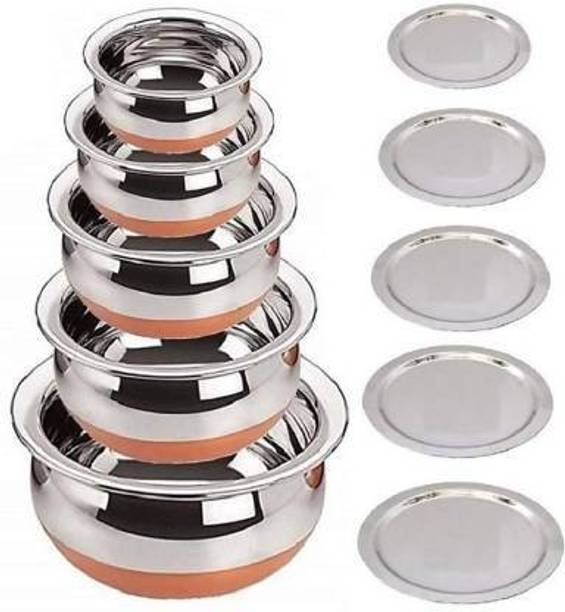 Stainless Steel Handi Set with Lid, Handi Pot Set with Copper Bottom | Kitchen Cooking and Serving Bowl Set | Biryani Handi | Punjabi Handi |…
