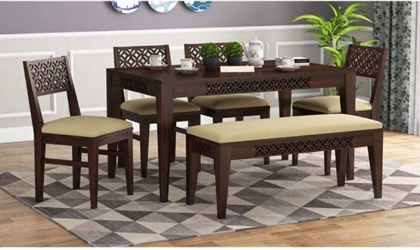 Credenza Solid Sheesham Wood 6 Seater Dining Table Set with 6 Chair & 1 Bench Solid Wood 6 Seater Dining Set
