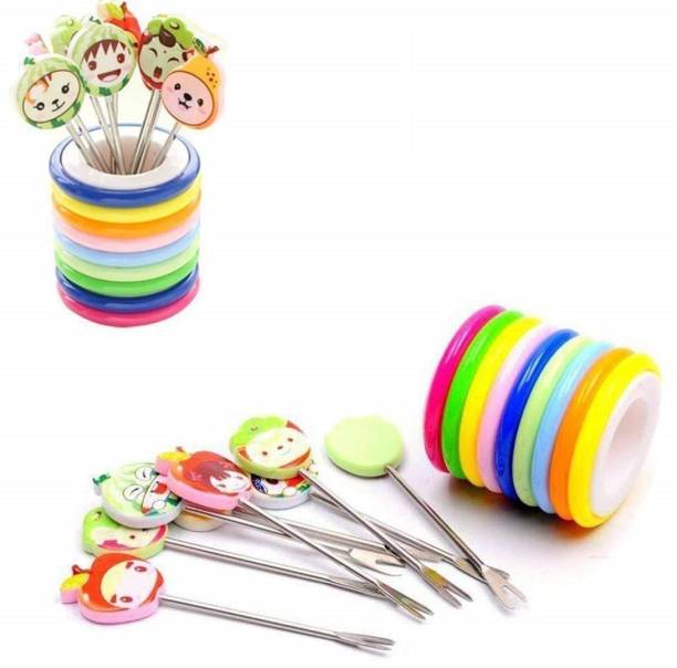 H&M Store Cartoon Shaped Stainless Steel Fruit Fork Set With Round Stand Steel Baby Fork Set