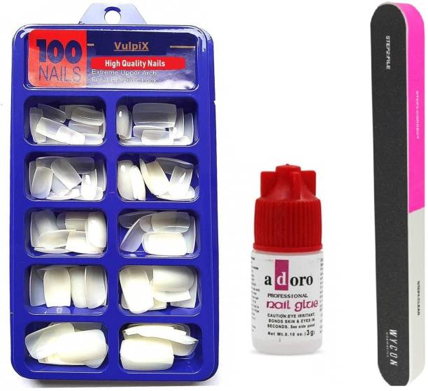 VULPIX Reusable 100 Tips Artificial/ Fake Nails with Glue & 7 ways Nail Buffer & filer Manicure tool set