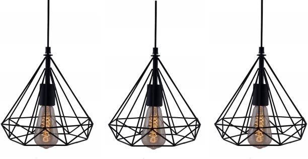Arushdeep Devices Metal Diamond Cage Industrial Loft Hanging Light (Pack of 3, Black, No Bulbs) Pendants Ceiling Lamp