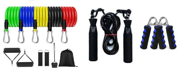 BADSHAH AND KHALIFA Resistance Tube Band for Exercise Set Workout for Women Men Resistance Tube & Exclusive Gym training and home exercises Bearing Skipping Rope Ball Bearing Skipping Rope & Forearm Hand Grip, Non-Slip Great for Home Gym Workout Men and Women Hand Grip/Fitness Grip (Multicolor) Gym & Fitness Kit