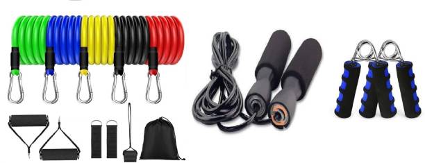 BADSHAH AND KHALIFA Gym Power Resistance Band Set for Exercise Workout for Pull Ups 11 PCS Resistance Tube & Exclusive Gym training and home exercises Bearing Skipping Rope Ball Bearing Skipping Rope & Forearm Hand Grip, Non-Slip Great for Home Gym Workout Men and Women Hand Grip/Fitness Grip (Multicolor) Gym & Fitness Kit