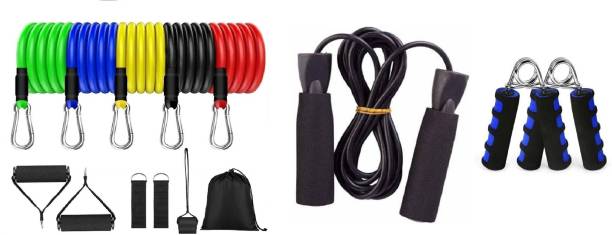 KHALIFA AND BADSHAH Resistance band(11pcs) ,Stretching , Home Workout Toning Tube Kit Resistance Tube Resistance Tube & Exclusive Gym training and home exercises Bearing Skipping Rope Ball Bearing Skipping Rope & Forearm Hand Grip, Non-Slip Great for Home Gym Workout Men and Women Hand Grip/Fitness Grip (Multicolor) Gym & Fitness Kit
