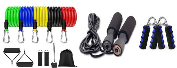 BADSHAH AND KHALIFA Resistance Bands 11pcs Set Tubes for Fitness Home Gym Exercise Workout Resistance Tube & Exclusive Gym training and home exercises Bearing Skipping Rope Ball Bearing Skipping Rope & Forearm Hand Grip, Non-Slip Great for Home Gym Workout Men and Women Hand Grip/Fitness Grip (Multicolor) Gym & Fitness Kit