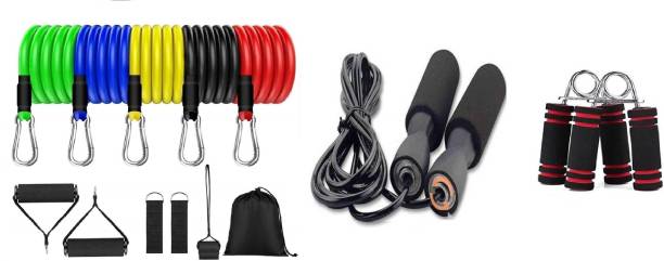 KHALIFA AND BADSHAH Resistance Bands Set for Exercise, Stretching, and Workout Toning Tube Resistance Tube & Exclusive Gym training and home exercises Bearing Skipping Rope Ball Bearing Skipping Rope & Hand Gripper/ Power Grip With Soft Foam Handle Hand Grip/Fitness Grip (Multicolor) Gym & Fitness Kit