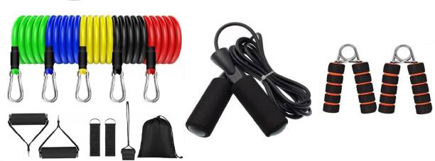 KHALIFA AND BADSHAH 5 Level Resistance band Rope set Toning Tube For Fitness Strength Training (Heavy) Resistance Tube & Skipping-Rope Jump Skipping Rope for Men, Women, Weight Loss, Kids, Girls, Children, Adult - Best in Fitness, Sports, Exercise, Workout & Hand Gripper/ Power Grip With Soft Foam Handle Hand Grip/Fitness Grip (Multicolor) Gym & Fitness Kit