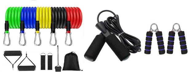 KHALIFA AND BADSHAH Resistance Bands Set (11pcs) with Door Anchor,Handles, Carry Bag, Legs Ankle Straps Resistance Tube & Skipping-Rope Jump Skipping Rope for Men, Women, Weight Loss, Kids, Girls, Children, Adult - Best in Fitness, Sports, Exercise, Workout & Hand Gripper/ Power Grip With Soft Foam Handle Hand Grip/Fitness Grip (Multicolor) Gym & Fitness Kit