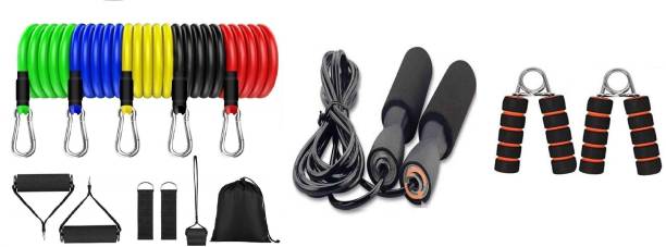 KHALIFA AND BADSHAH 5 Level Resistance band Rope set Toning Tube For Fitness Strength Training (Heavy) Resistance Tube & Adjustable Skipping Rope for Gym Training and Workout Freestyle Skipping Rope & Hand Gripper/ Power Grip With Soft Foam Handle Hand Grip/Fitness Grip (Multicolor) Gym & Fitness Kit