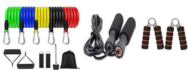 BADSHAH AND KHALIFA Resistance Bands Set for Exercise, Stretching, and Workout Toning Tube Resistance Tube & Adjustable Skipping Rope for Gym Training and Workout Freestyle Skipping Rope & Hand Gripper/ Power Grip With Soft Foam Handle Hand Grip/Fitness Grip (Multicolor) Gym & Fitness Kit
