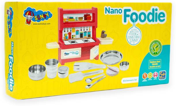 SUNNY Nano Foodie 13 pieces kitchen set for kids.A perfect steel kitchen with a plastic kitchen stand for hours of role play.