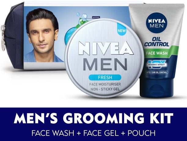 NIVEA MEN Grooming Kit, Fresh Face Moisturizer Gel 75 ml, Oil Control Face Wash 100 g, with Grooming Pouch
