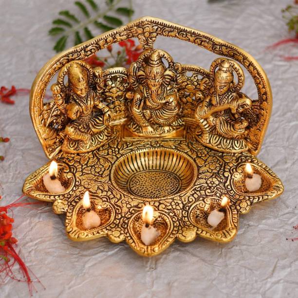 Handicraft Hub Laxmi Ganesh Saraswati Idol Diya Oil Lamp Deepak for Pooja/Metal Lakshmi Ganesha Showpiece Statue/Traditional Diya for Diwali Puja/Diwali Home Decoration Items Gifts Brass Table Diya