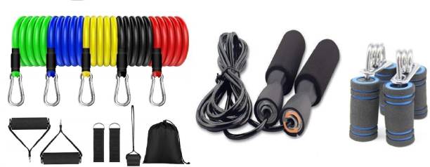 BADSHAH AND KHALIFA Resistance Latex Band Set Toning Tube for Heavy Workout Exercise, Physical Therapy Resistance Tube & Adjustable bearing Skipping Rope for Home Exercise Ball Bearing Skipping Rope Ball Bearing Skipping Rope & Hand Grip Strengthener Soft Foam Hand Wrist Power Hand Grip/Fitness Grip Hand Grip/Fitness Grip (Multicolor) Gym & Fitness Kit