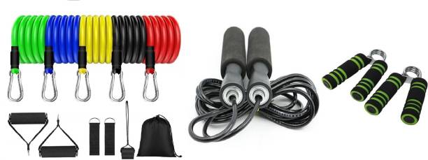 KHALIFA AND BADSHAH 11 Pcs Resistance Band Exercise Toning Tube Set For Fitness and Workout Resistance Resistance Tube & Exclusive Gym training and home exercises Bearing Skipping Rope Ball Bearing Skipping Rope & Forearm Hand Grip, Non-Slip Great for Home Gym Workout Men and Women Hand Grip/Fitness Grip (Multicolor) Gym & Fitness Kit
