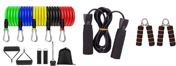 BADSHAH AND KHALIFA Resistance Band/Toning Tube Set of 11 with Workout Chart Resistance Tube Resistance Tube & Exclusive Gym training and home exercises Bearing Skipping Rope Ball Bearing Skipping Rope & Hand Grip Strengthener Soft Foam Hand Wrist Power Hand Grip/Fitness Grip Hand Grip/Fitness Grip (Multicolor) Gym & Fitness Kit