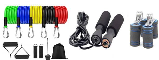 KHALIFA AND BADSHAH Resistance Latex Band Set Toning Tube for Heavy Workout Exercise, Physical Therapy Resistance Tube & Adjustable bearing Skipping Rope for Home Exercise Ball Bearing Skipping Rope Ball Bearing Skipping Rope & Foam Handle Hand Muscle Developers Hand Gripper Hand Grip/Fitness Grip (Multicolor) Gym & Fitness Kit