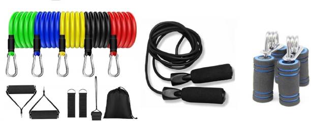 KHALIFA AND BADSHAH Resistance Latex Band Set Toning Tube for Heavy Workout Exercise, Physical Therapy Resistance Tube & Exclusive Gym training and home exercises Bearing Skipping Rope Ball Bearing Skipping Rope & Hand Grip Strengthener Soft Foam Hand Wrist Power Hand Grip/Fitness Grip Hand Grip/Fitness Grip (Multicolor) Gym & Fitness Kit