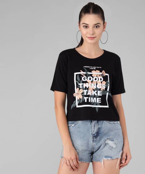Viral Trend Printed Women Round Neck Black T-Shirt