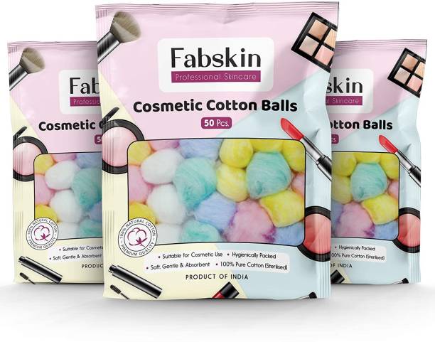 Fabskin Cosmetic Cotton Balls 50 Pcs (Pack of 3) For Skin Care Facial Treatments, Makeup Remover, Nail Polish Remover, Soft & Gentle For All Skin Types