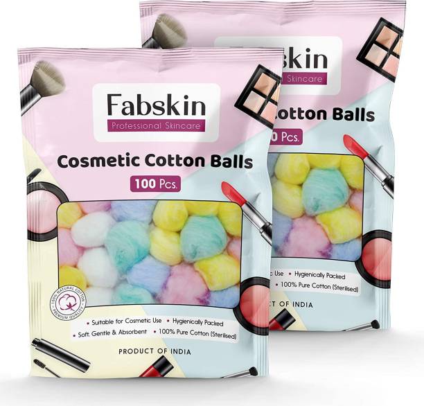 Fabskin Cosmetic Cotton Balls 100 Pcs (Pack of 2) For Skin Care Facial Treatments, Makeup Remover, Nail Polish Remover, Soft & Gentle For All Skin Types