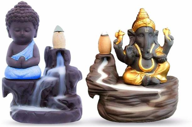 Hoyaquality Combo, Smoke Monk Buddha / Monk/Smoke Fountain/Smoke/ idol / Pooja Ghar/Home Decor/House Warming/ indoor & outdoor Decor / Dhoop Batti Stand/Showpiece / Decorative Showpiece /Monk Idol Dhup Batti Stand/ Figurines Statues/Statues with Back-Flow Waterfall Cone Incense with 20 Incense Cone Holder Decorative Showpiece for Home Office Decor, Design Showpiece for Home Decoration and Gifting and Return Gift - (Sky Blue & Golden) Polyresin Incense Holder Set