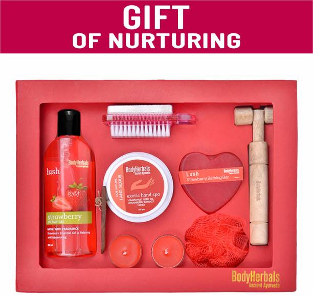 BodyHerbals Strawberry Essentials Combo Gift Set For Men And Women, Gift Hamper For Men And Women, Gift Set For Ultimate Bath & Body Spa Beauty Kit (Strawberry Shower Gel 200ml, Hand Scrub 100gms, Strawberry Bathing Bar 100gms, 2 In 1 Pumice Brush, Wooden Massager, Bath Puff, 2 Tea Light) Bath Set & Kits