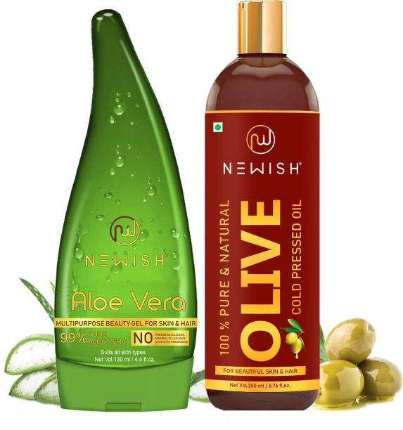 NEWISH Aloe Vera Gel Natural Non Sticky Natural Gel for Hair & Skin & Olive Hair growth &Baby massage oil (130+200 ml ) Hair Oil