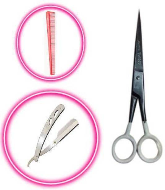 Panchal salon professional hair cutting scissor, 1 stainless steel razor, 1 elegant barber comb Set Scissors