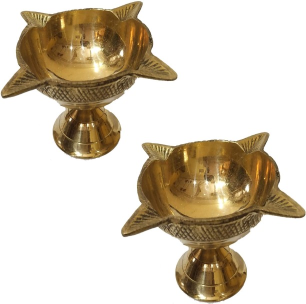 Pack of 5 TIED RIBBONS Pure Brass Lotus Diyas Indian Puja Oil Lamps Akhand Diyas Brass Diyas Set