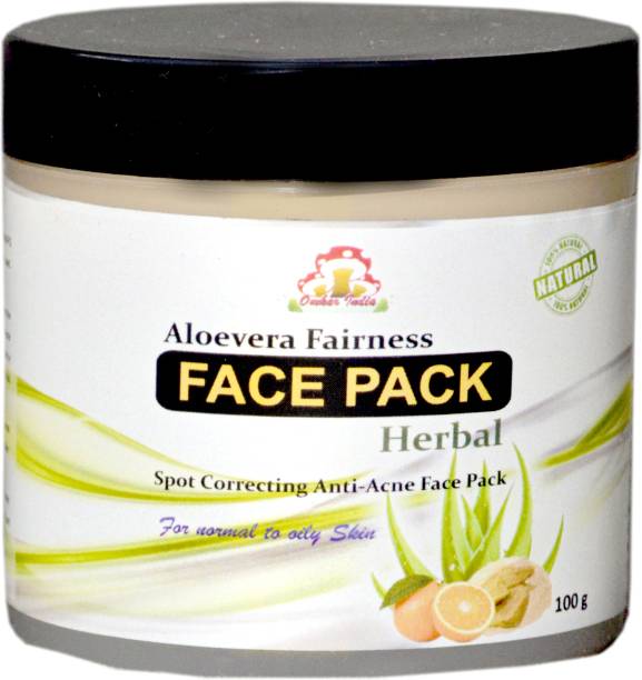 OMKAR INDIA Aloevera Fairness Face Pack Herbal Spot Correcting Anti-Ance Face Pack Mask for Fairness, Tanning & Glowing Skin with Saffron, Turmeric & Apricot Oil, (100g) pack of 2