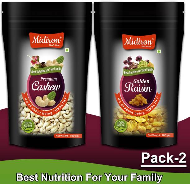 Midiron 100% Natural Premium Quality Golden Raisin (Kismish) and Whole Cashew Pack-2 (100gm Each) Cashews, Raisins