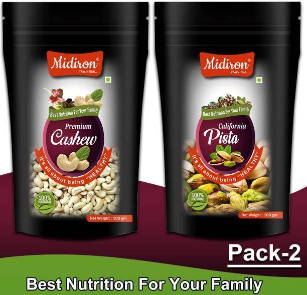 Midiron 100% Natural Premium Quality California Pista (Pistachio) and Whole Cashew Pack-2 (100gm Each) Cashews, Pistachios