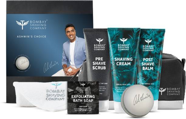 BOMBAY SHAVING COMPANY Ashwin’s Daily Shaving Kit for Men with Pre Shave Scrub 100g, Shaving Cream 100g, Post Shave Balm 100g, Charcoal Soap 125g, Cricket Ball, Towel, Travel Bag