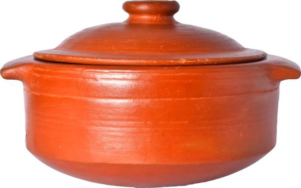Frills & Colours Premium Handmade Earthen Cookware for Cooking and Serving- Mitti Handi Small Size-Organic-Pre-Seasoned-Natural Red- 2 Liter with Lid Handi 2 L with Lid