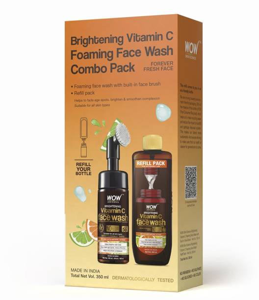 WOW SKIN SCIENCE Vitamin C Foaming  Save Earth Combo Pack- Consist of Foaming  with Built-In Brush & Refill Pack - No Parabens, Sulphate, Silicones & Color - Net Vol. 350mL Face Wash