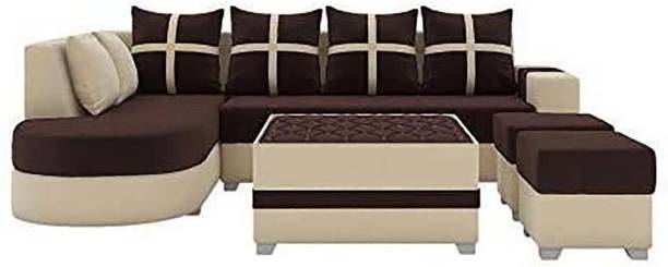 Torque Dalton LHS L Shape 8 Seater Sofa Set with Centre Table and 2 Puffy (Brown) Fabric 3 + 2 + 2 + 1 Sofa Set
