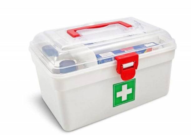 MAX MY SHOP First Aid Box Lockable Medicine Storage Box Plastic Emergency Cabinet Organizer with Detachable Tray and Handle Portable First Aid Organizer for Home Camping Travel and Car First Aid Kit