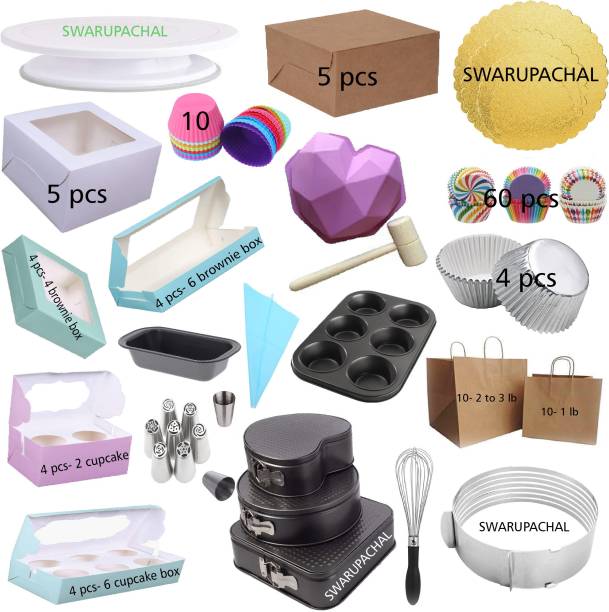 Own mall own new combo 4 cake baking tool set 360 degree turn table * 5 pcs brown cake box * 4 different sizes round cake base * 4 pcs non stick aluminium silicon cupcake or muffin cup * 10 pcs silicon cupcake cup * 60 pcs disposable cupcake wrappers * pinata cake silicon mold with hammer * rectangle cake or bread tray * 9 different flower shapes Russian nozzle set * 3 pcs cake shape mold ( Heart, Round, Rectangle ) * 1 set of big and small icing silicon piping bag * 1 set of non stick muffin 6 pcs tray * 1 stainless steel egg mixture whisk * bread cake ring cutter Layer cake slicer * 20 pcs of paper bag * 5 pcs window cake box * 4 pcs 6 brownie box * 4 pcs 4 brownie box * 4 pcs 2 cupcake box * 4 pcs 6 cupcake box combo for cake decoration at home, kitchen and store Kitchen Tool Set Multi color Kitchen Tool Set (Multi color) Multicolor Kitchen Tool Set (Multicolor) Multicolor Kitchen Tool Set (Multicolor) Multicolor Kitchen Tool Set