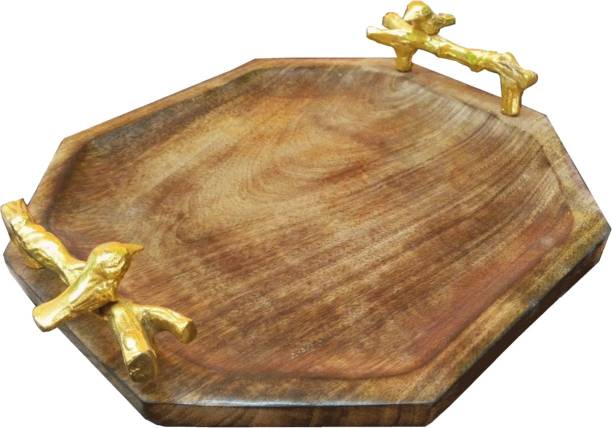 Extreme Karigari Solid Natural Wood Octa Gonal Serving Tray with Metal Handle | Decoration and Gift Hamper Packing Tray Pizza Tray