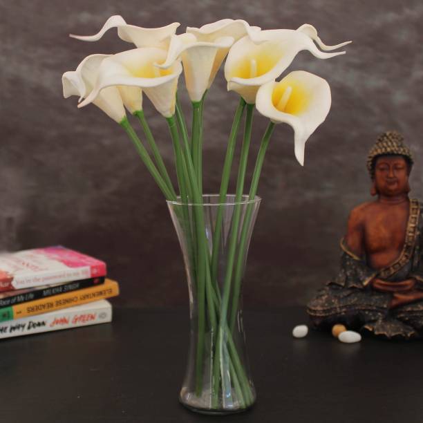 TIED RIBBONS Decorative Artificial Calla Lily Flower Sticks with Glass Vase for Home Decor Table Top Office Gift Item Wedding Decorations White, Yellow Callalily Artificial Flower  with Pot