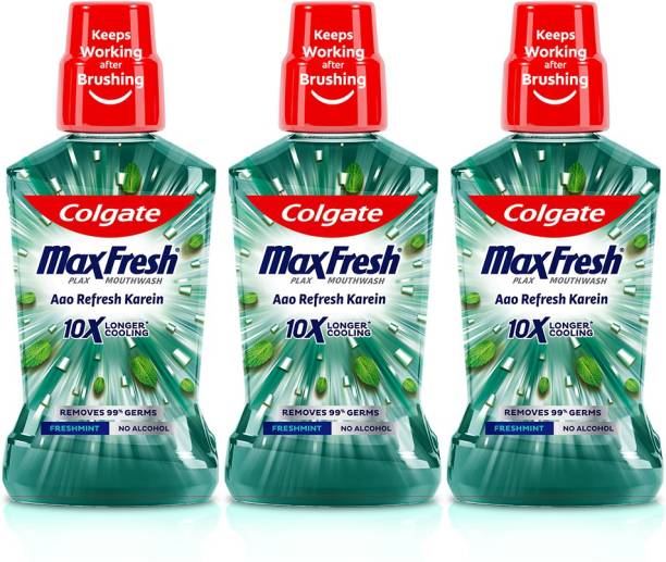 Colgate Maxfresh Plax Antibacterial Mouthwash, 24/7 Fresh Breath - Fresh Mint ( Pack of 3 )