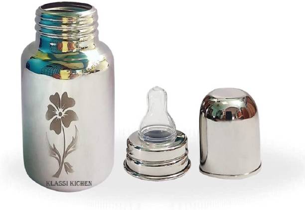 KLASSI KICHEN Stainless Steel Feeding Bottle With Laser Flower Design With 1 Extra Silicone Nipple - 250